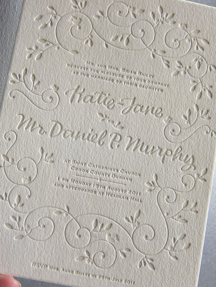 This letterpress wedding invitation from Bella Figura features the Hendrix 2 design and has reply information printed on the bottomo of the invitation to cut down on paper waste.