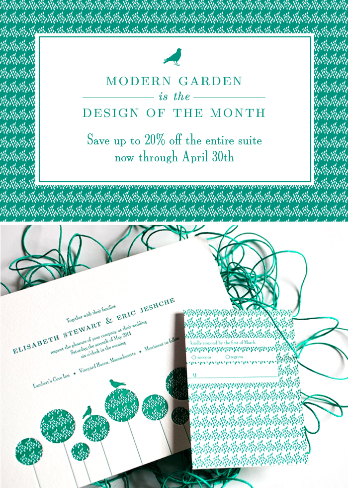 The Modern Garden letterpress invitation suite from Bella Figura is on sale during the month of April