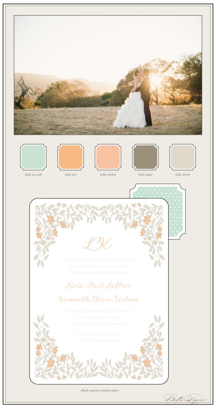 A soft color palette creates a romantic look for these letterpress wedding invitations