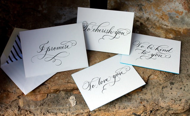 A client recently commissioned Sarah Hanna to create hand calligraphed promise cards for an elaborate proposal 