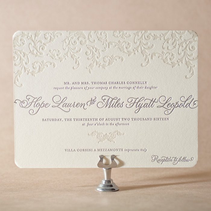 Ravenna letterpress + foil stamped wedding invitations with Victoria hand calligraphy accents. 