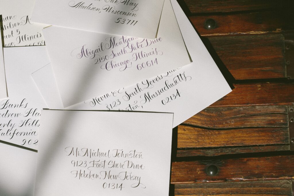 Calligraphed envelopes by Debi Zeinert for Bella Figura