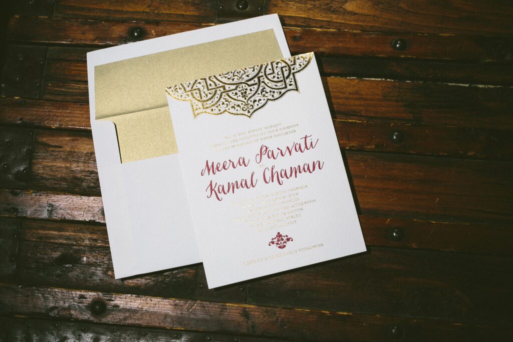 Mumbai Scrolls East Indian inspired wedding invitations by Aimee O'Boyle for Bella Figura