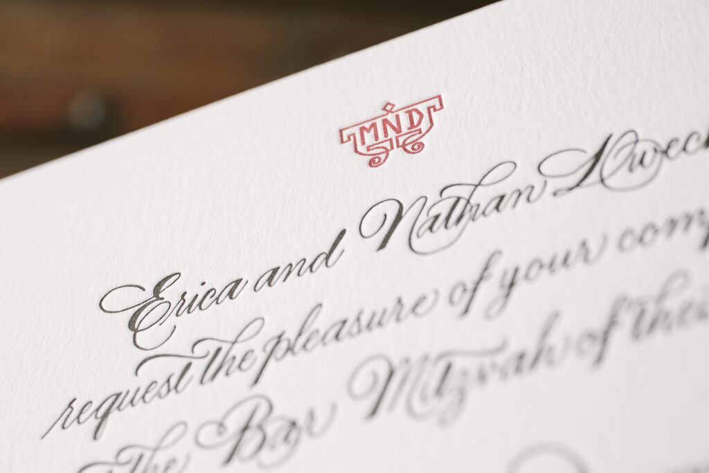 Hand calligraphed elegant Bar Mitzvah invitations from Bella Figura