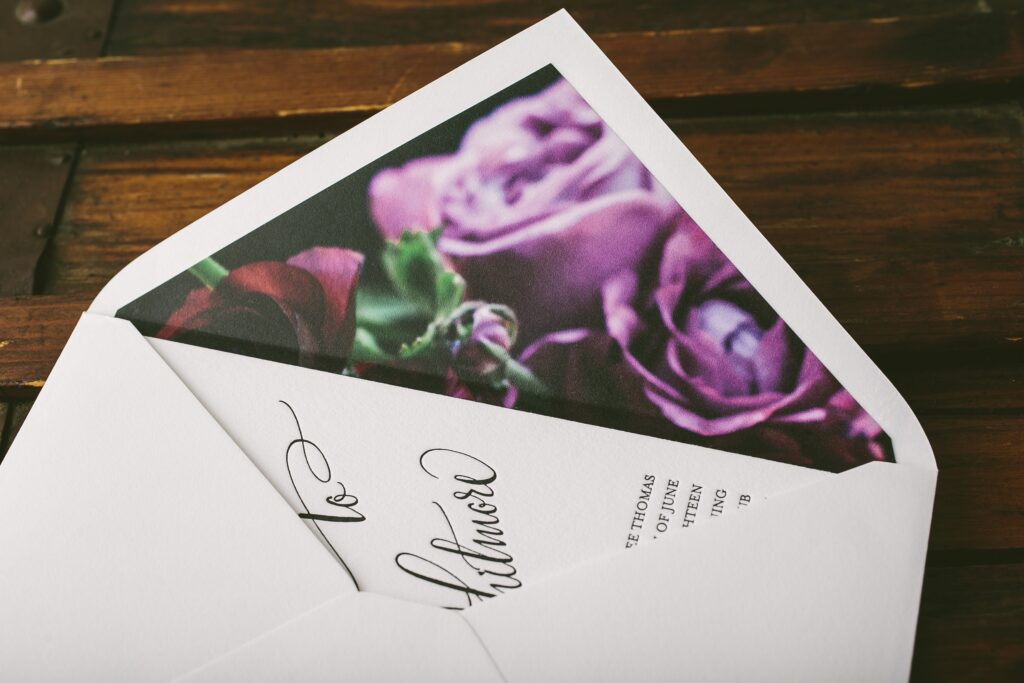 Belperron letterpress + calligraphy wedding invitations from Bella Figura paired with new Flora envelope liners