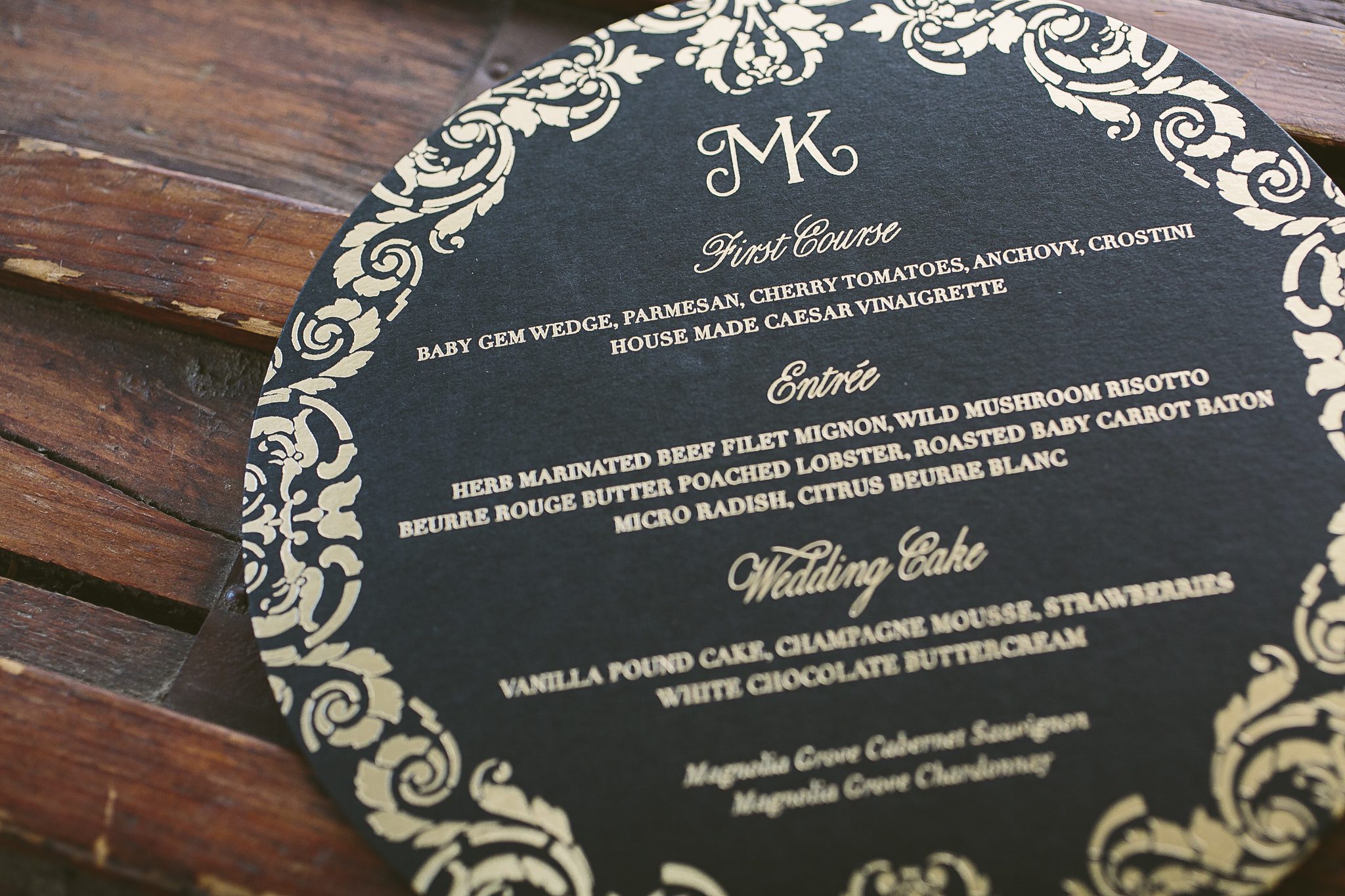 black and gold foil stamped menus and ceremony programs Bella Figura