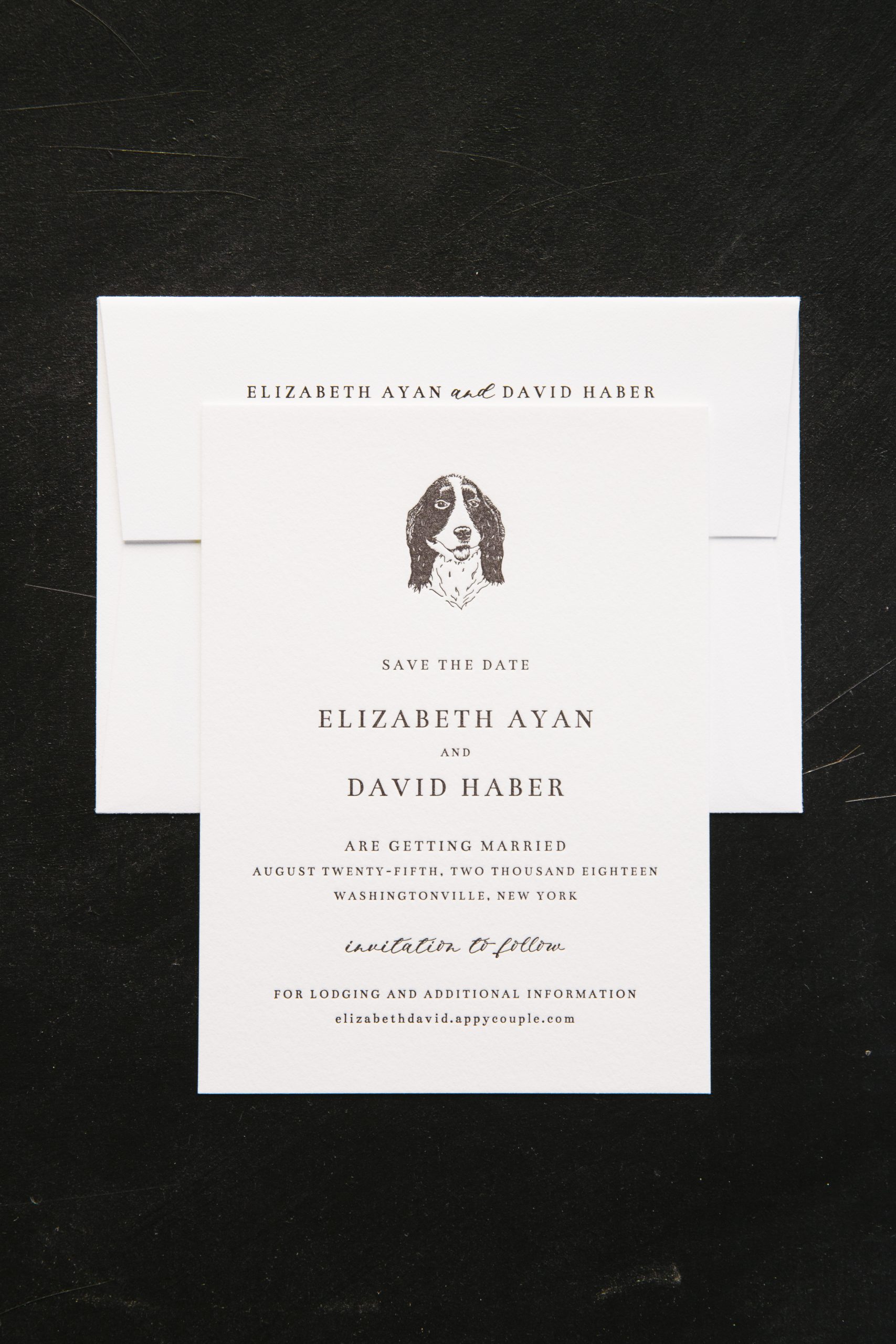 Black letterpress save the dates with a personal pet touch
