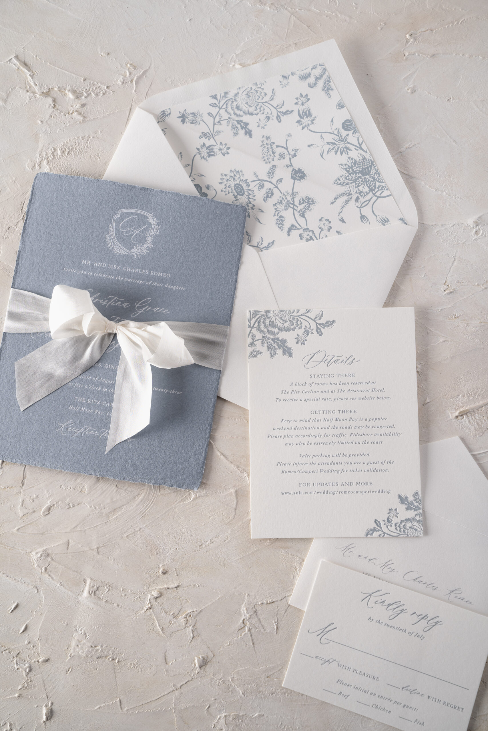 Handmade Blue and White Floral Invitations - Bella Figura, image size:1707x2560