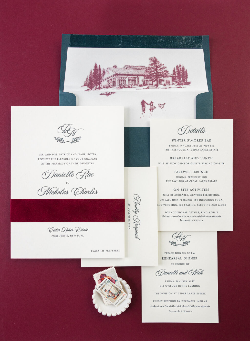 letterpress wedding invitation with velvet accent