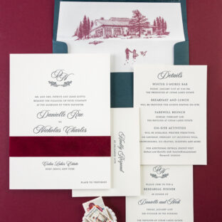 letterpress wedding invitation with velvet accent