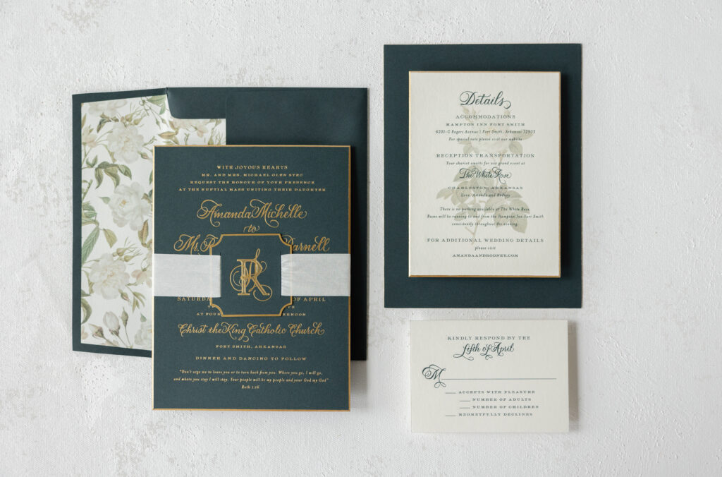hand calligraphy foil stamped wedding invitations