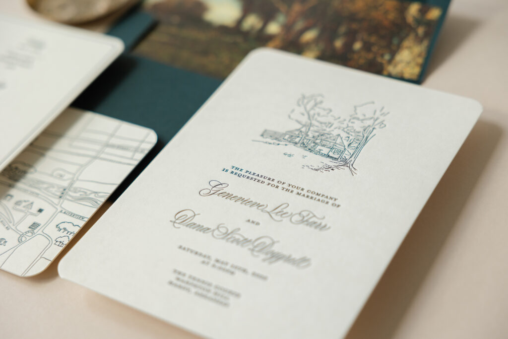 Letterpress Wedding Invitation Suite with Darling Illustrations