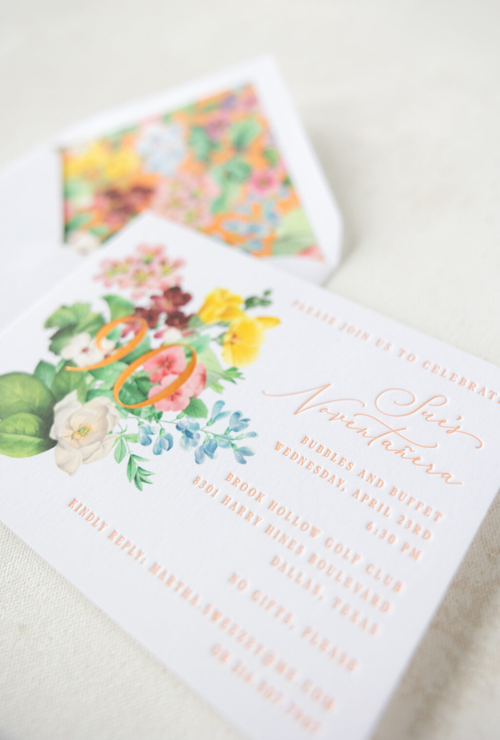 Floral Birthday Party Invitation with letterpress and foil stamping