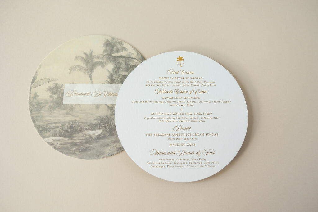 foil menu with toile illustration and variable printing