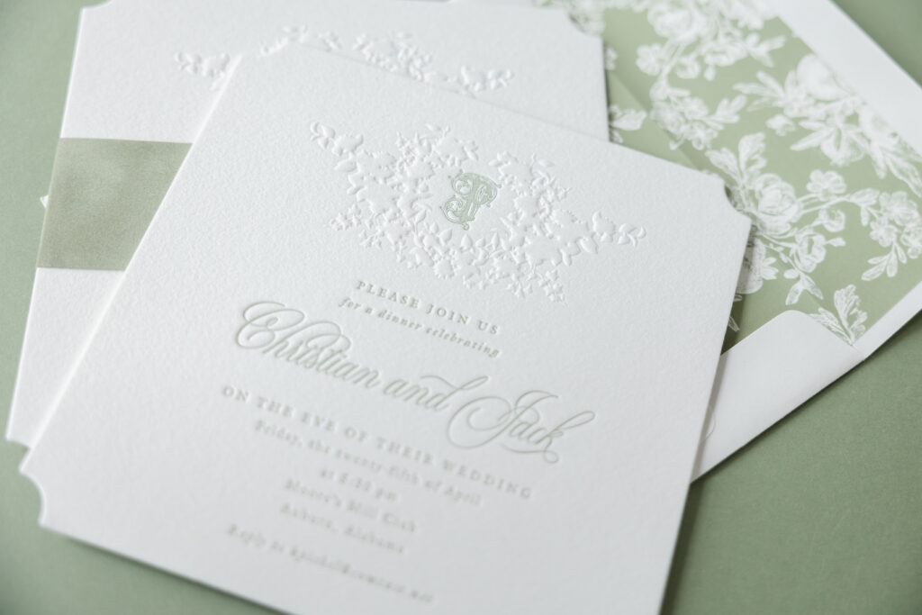 letterpress monogram rehearsal dinner invitation