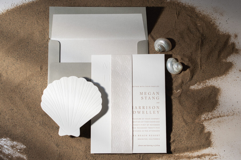 shell reply card and letterpress wedding invite