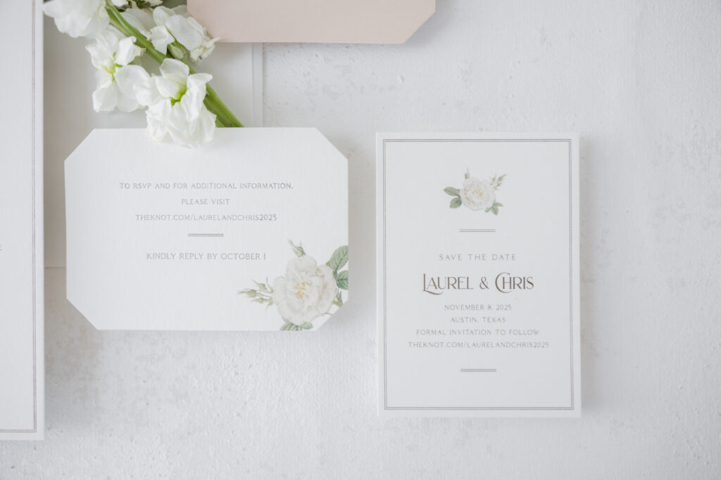 Die cut reply card with floral detail