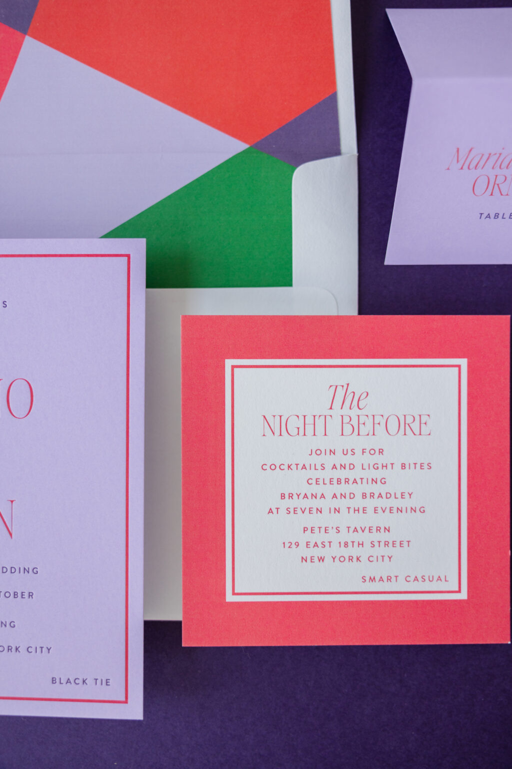Color blocking rehearsal dinner invite