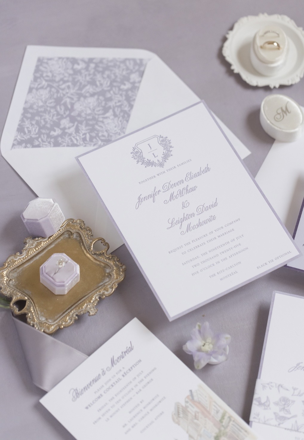 Floral Monogram Crest with Fleur-De-Lis and Toile Liner