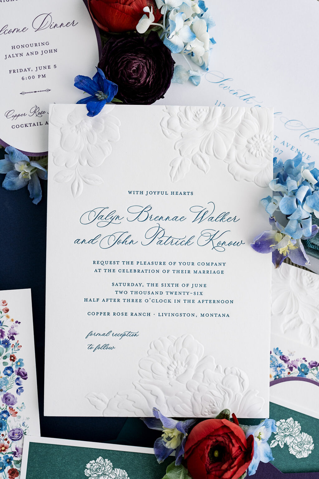 Letterpress and Sculpted Emboss Wedding Invitation