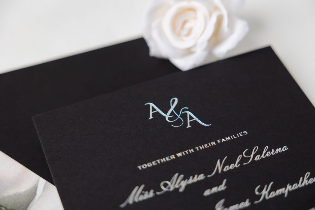 Silver Shine Foil on Black Paper Wedding Invitation