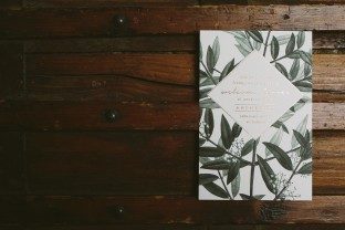 Linden copper foil welcome dinner invitations from Smock