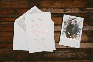 Prospect rose quartz foil stamped wedding invitations and photo save the dates