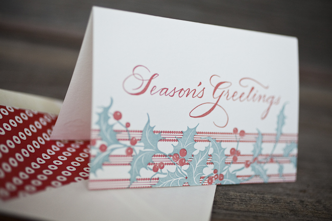 Traditional Christmas letterpress greeting cards from Smock feature holly berries and season's greetings