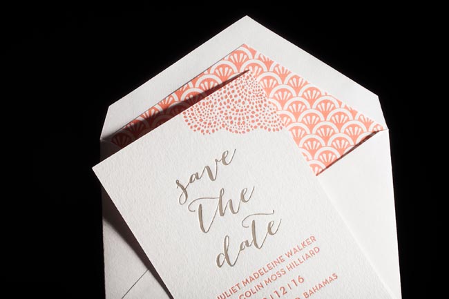 Rainier letterpress + foil stamped save the dates + lined envelopes from Smock