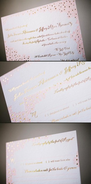 Delicate floral letterpress + foil stamped wedding invitations printed in pale pink + gold foil featuring Smock's Keira design