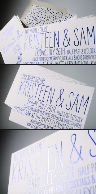 Indigo shine foil stamped rehearsal dinner invitations from Smock