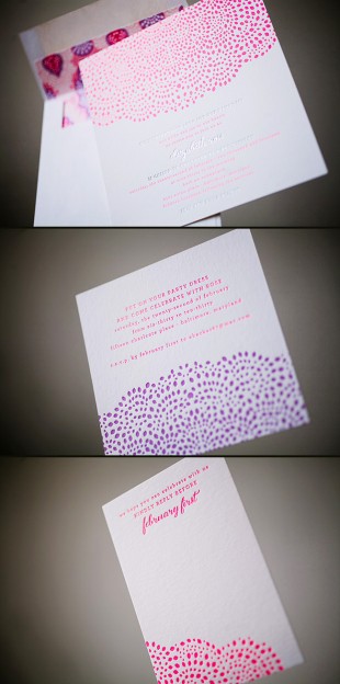 These bright pink & purple letterpress Bat Mitzvah invitations feature foil stamping and a cool patterned envelope liner
