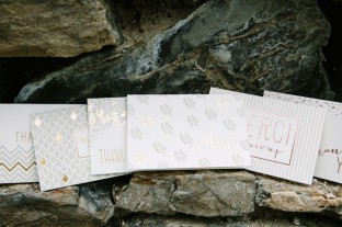 Gold foil, taupe + rose gold foil wedding thank you notes from Smock