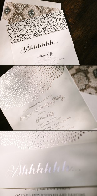 Foil stamped surprise birthday party invitations featuring the Rainier invitation design by Smock