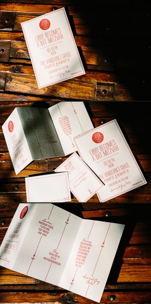 These nautical letterpress Bat Mitzvah invitations feature Smock's Fremont design