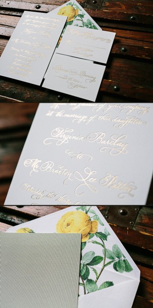 Custom calligraphy + gold foil stamped wedding invitations from Smock