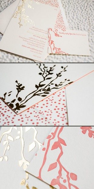 Gold + papaya letterpress and foil stamped Bat Mitzvah invitations from Smock