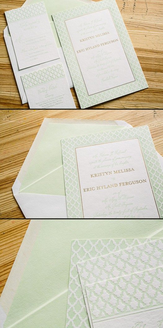 Mint + gold foil stamped wedding invitations