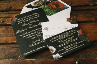 Stunning black invitations with tawny foil + bold florals from Smock