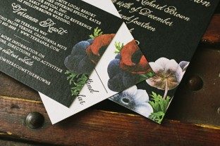 Stunning black invitations with tawny foil + bold florals from Smock