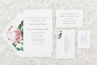 Custom Smock wedding invitations with pink vintage print floral envelope liners - featured on Southern Weddings!