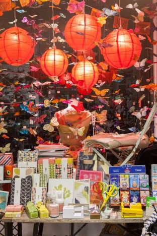 Beautiful springtime window display at Seaside Papery