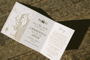 Custom gold foil stamped tri-fold save the dates from Smock