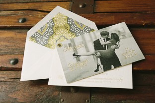 Custom grommeted foil stamped photo save the dates from Smock