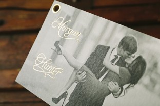 Custom grommeted foil stamped photo save the dates from Smock