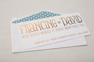 Copper shine wedding announcements with peacock blue envelope liners from Smock