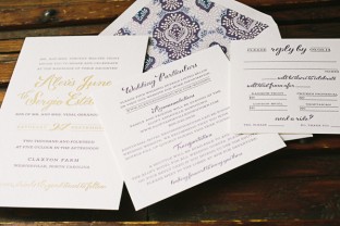 Custom plum + gold foil Barnesly wedding invitations from Smock