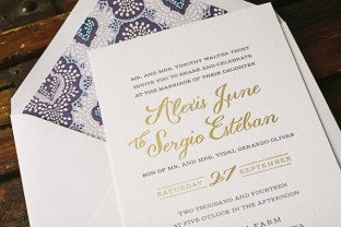 Custom plum + gold foil Barnesly wedding invitations from Smock