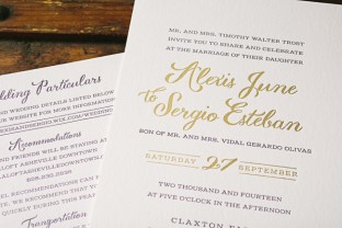 Custom plum + gold foil Barnesly wedding invitations from Smock
