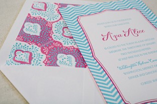 Hot pink + Robin's egg blue letterpress Bat Mitzvah invitations from Smock